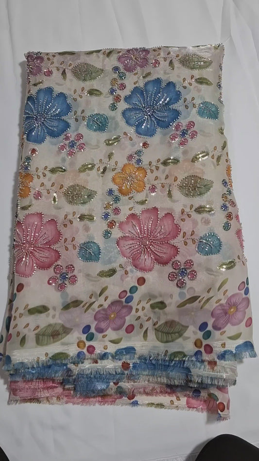 PISTA Zimichoo Hand Work Fabric – Multicolor Flower Cut Dana Work