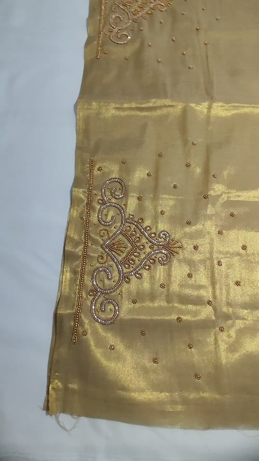 Premium Light Gold Hand Work Blouse Piece with Stone Work & Bead Embroidery– 1 Meter