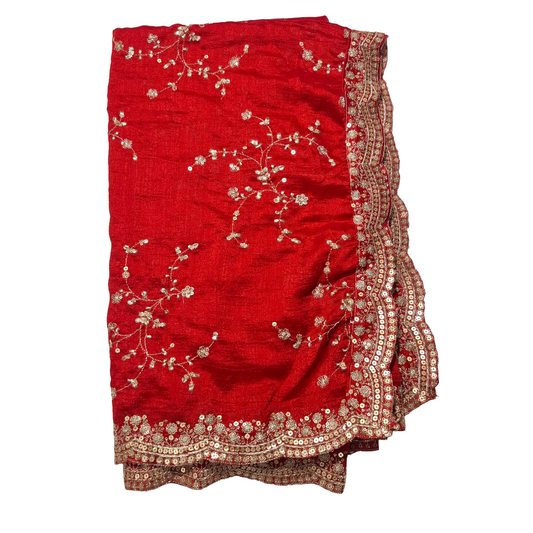 Red Colour Ready Dupatta 2.5 Meter Length with Four Side Gold Border