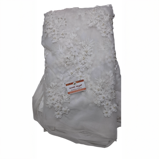 White Embroidered Net Fabric with  Pearl Work | Bridal & Party Wear Net Fabric