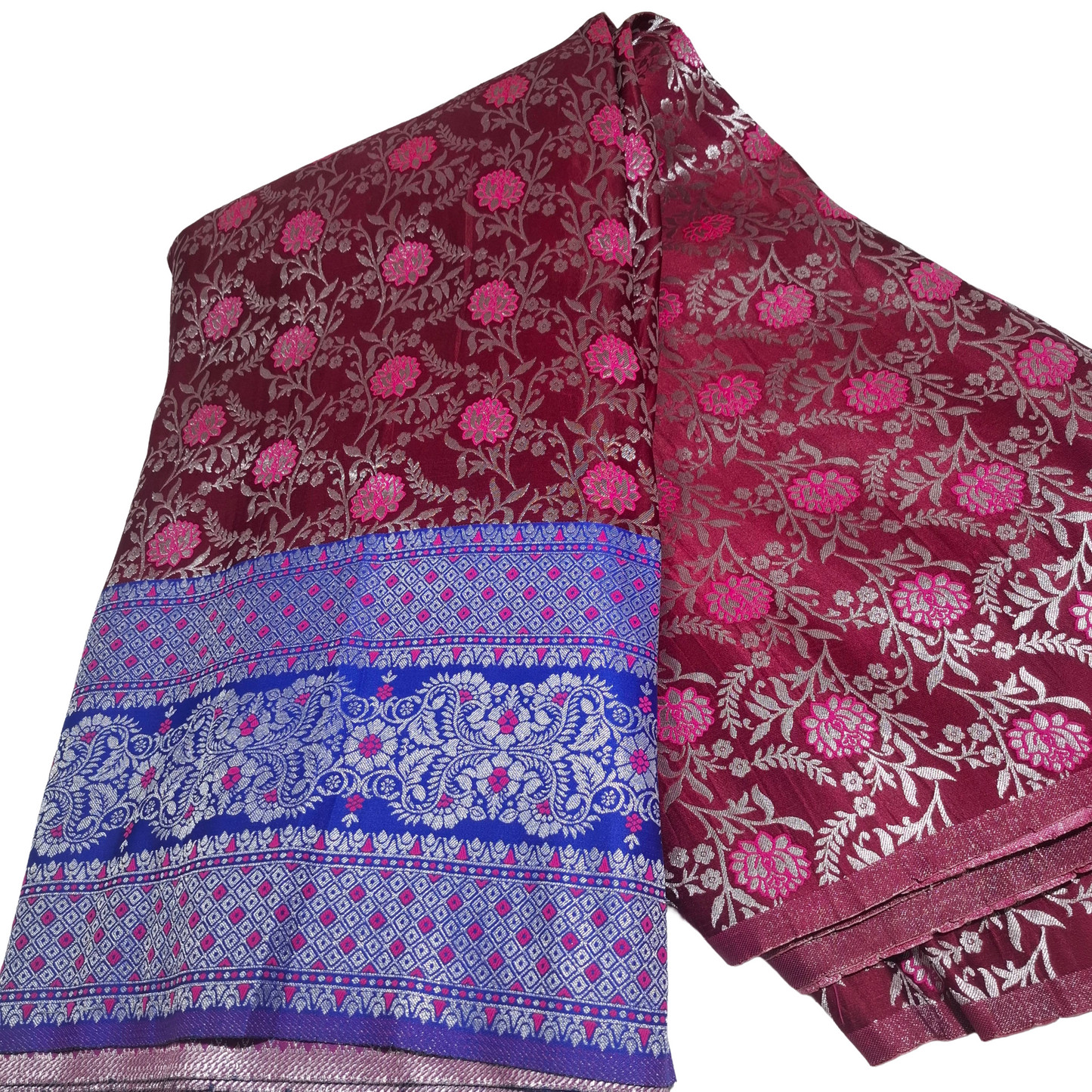 Wine Color Banarasi Fabric with Royal Blue Border | Premium Banarasi Silk